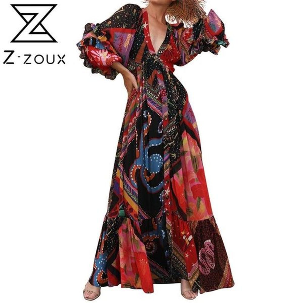 women dress v neck puff sleeve printed bohemia sexy long