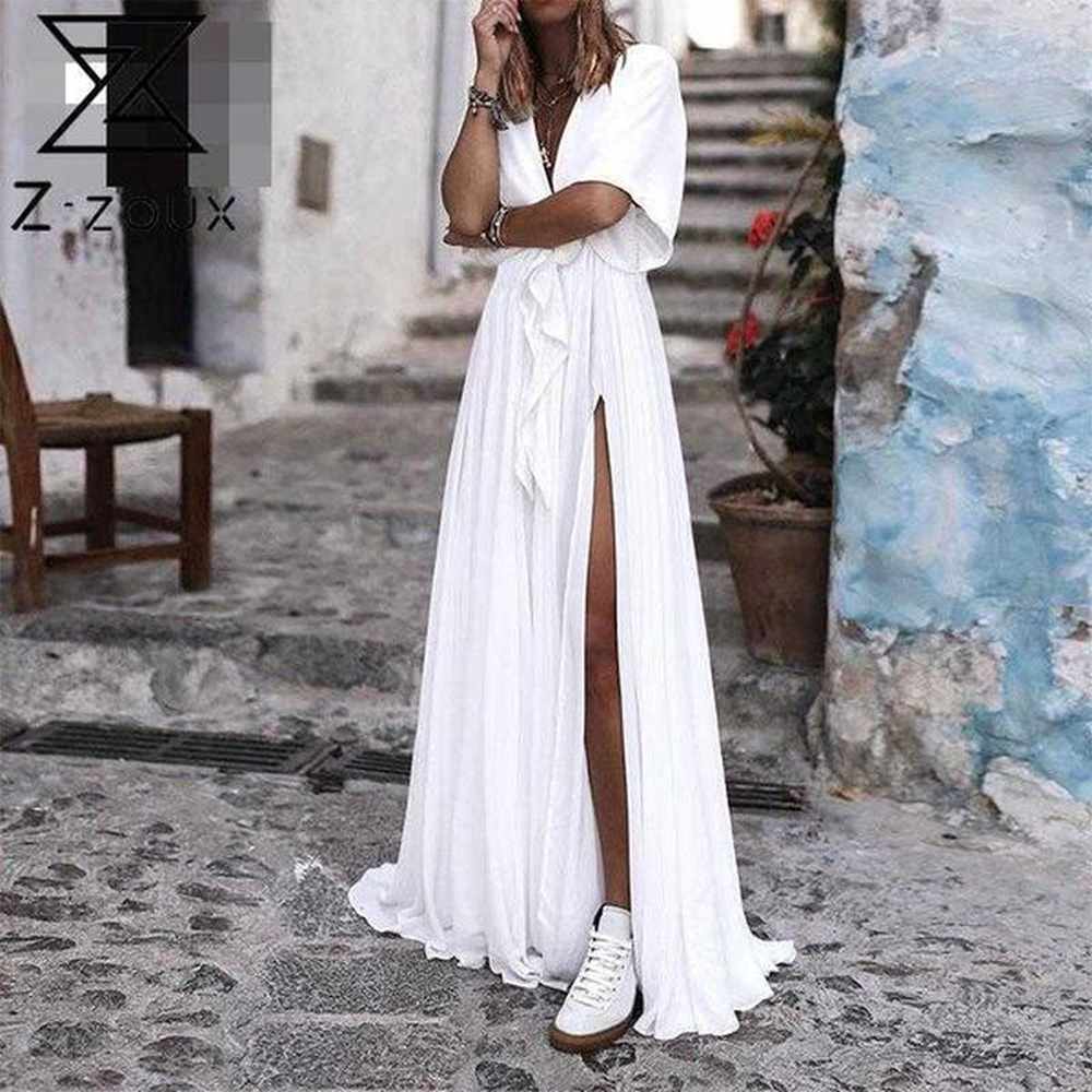 women dress vneck short sleeve split black white summer dresses