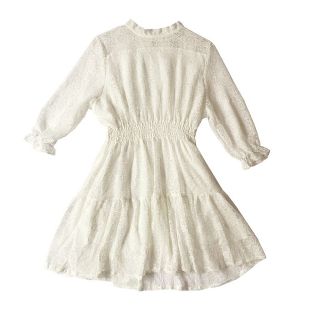 women elegant beige stand collar lace ruched elastic waist empire