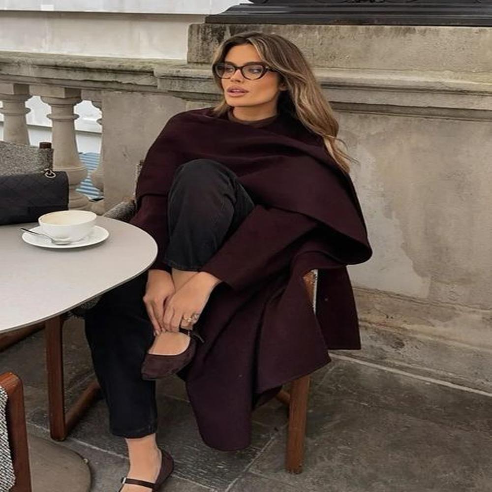 women elegant burgundy red scarf collar woolen overcoat fashion full