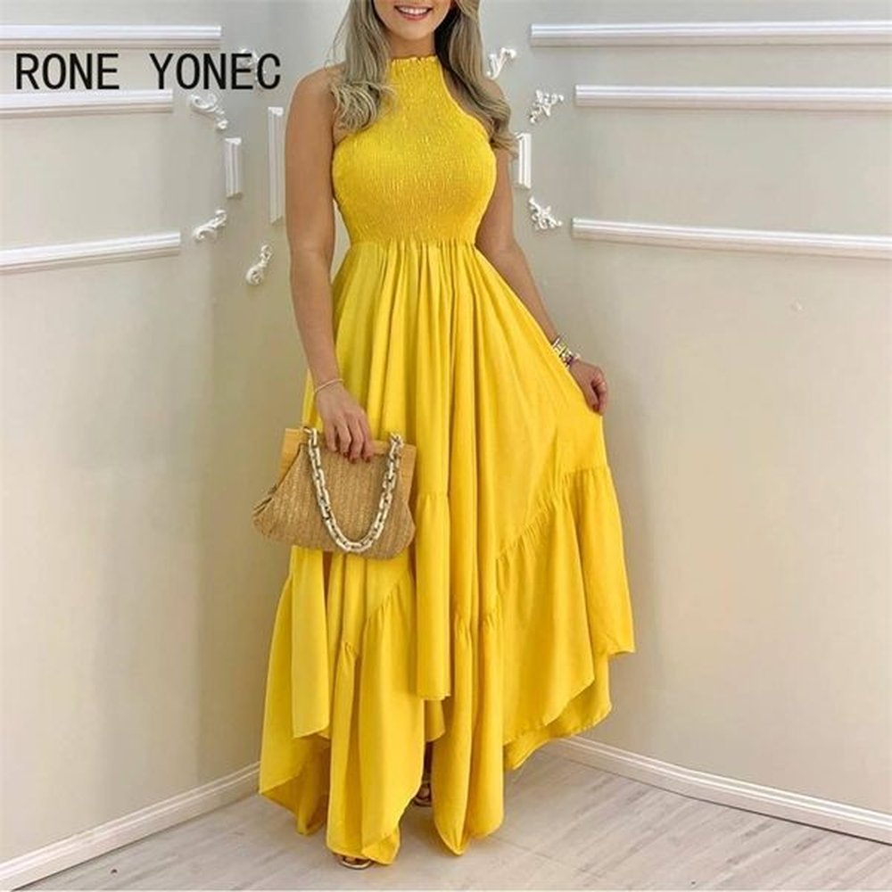 women elegant dress plain sleeveless ruched maxi pleated dress summer