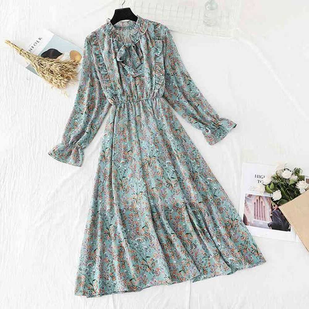 women elegant long dress floral print bow lotus leaf collar