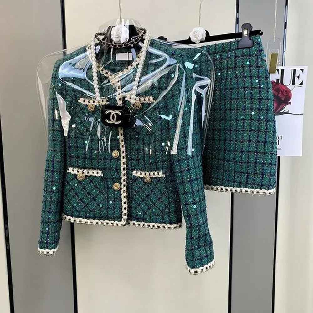 women elegant vintage tweed fragrant suit jacke coat top and