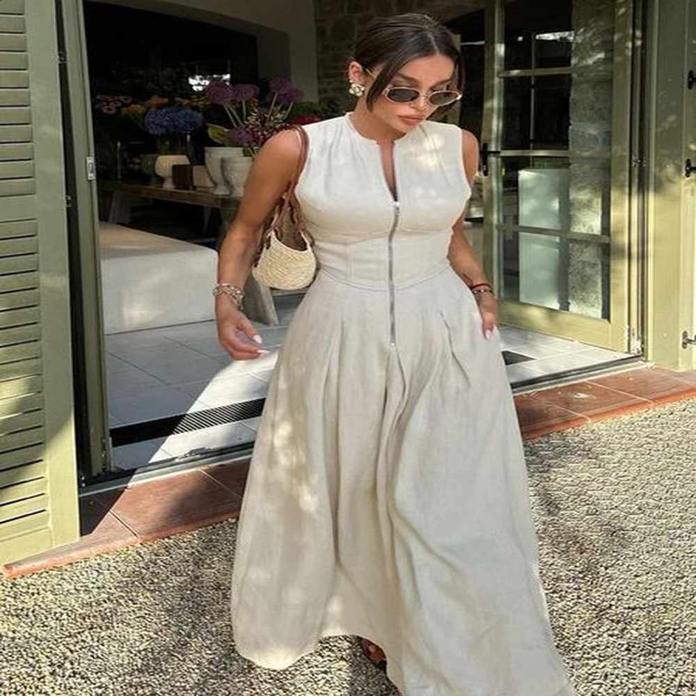 women elegant zipper sleeveless maxi dress lady fashion o neck