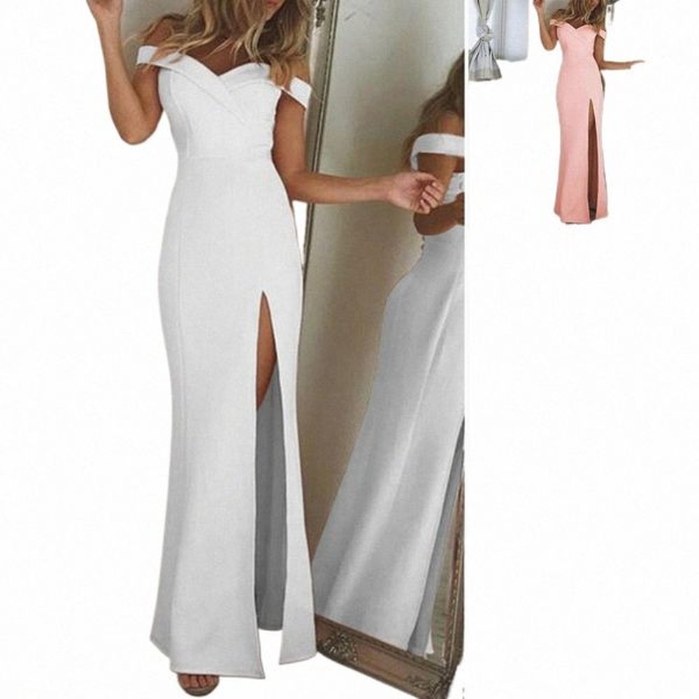 women evening dr lowcut off shoulder backl sleevel split hem