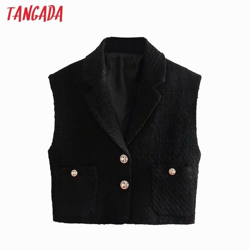 women fashion black tweed vest buttons sleeveless female waistcoat chic
