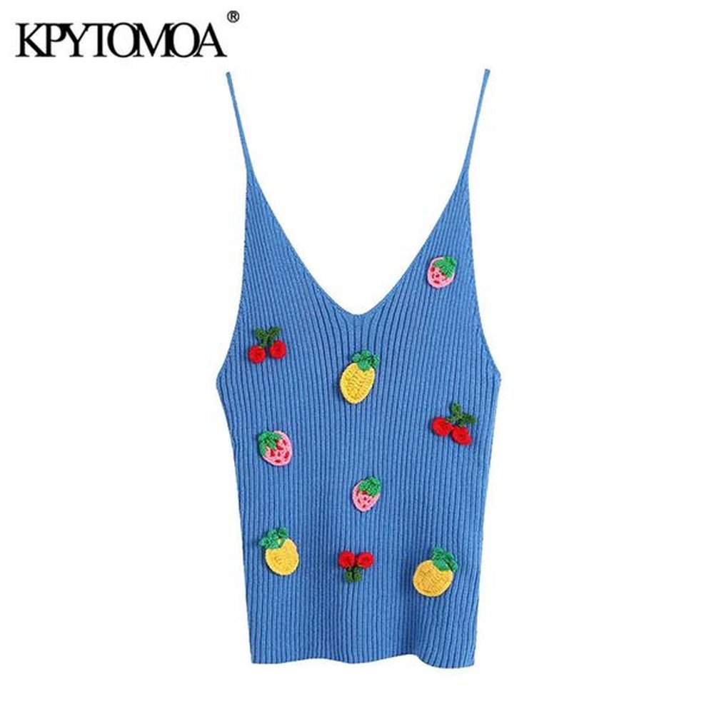 women fashion patchwork fruit embroidery ribbed tank tops vintage v