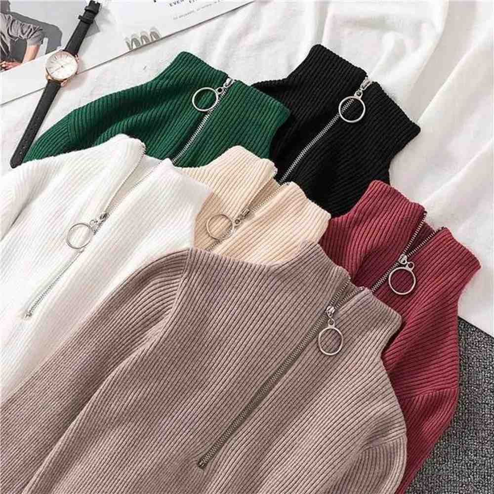 women fashion solid knitted sweaters vintage long sleeve zipup basic