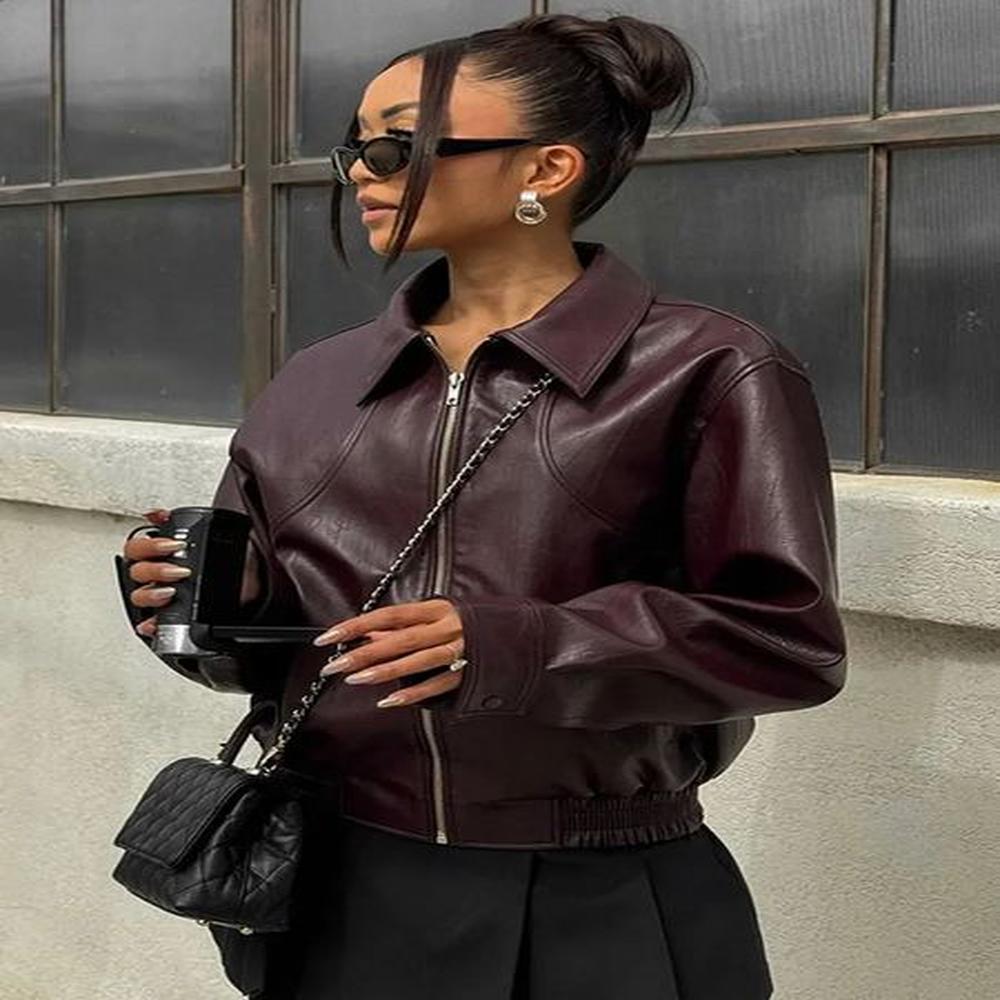 women fashion solid pu leather short jacket chic lapel long