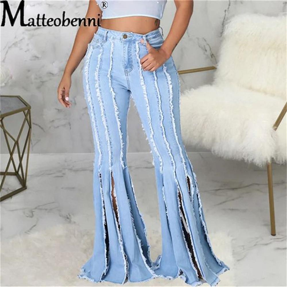 women flare jeans high waist fringe hole denim skinny pants