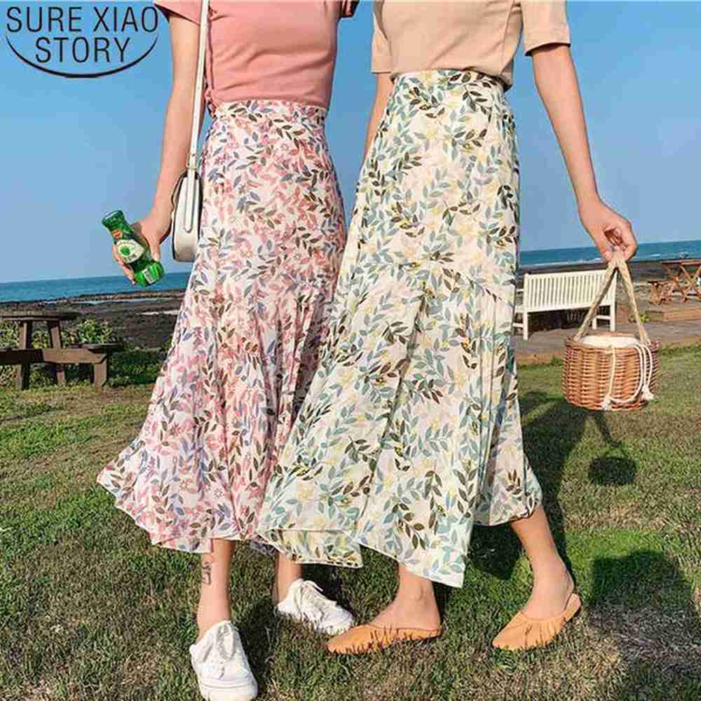 women floral print summer green pink irregular aline long skirts