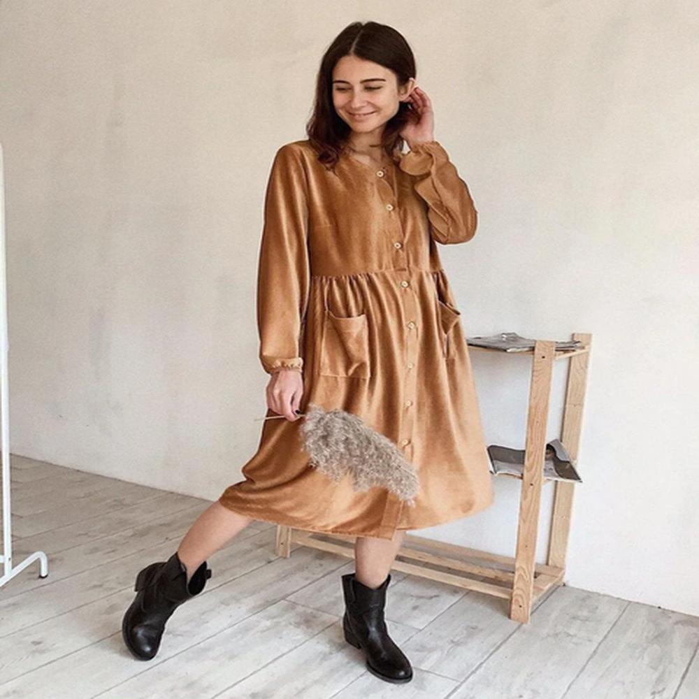women front button loose straight dress long sleeve gold elegant.png