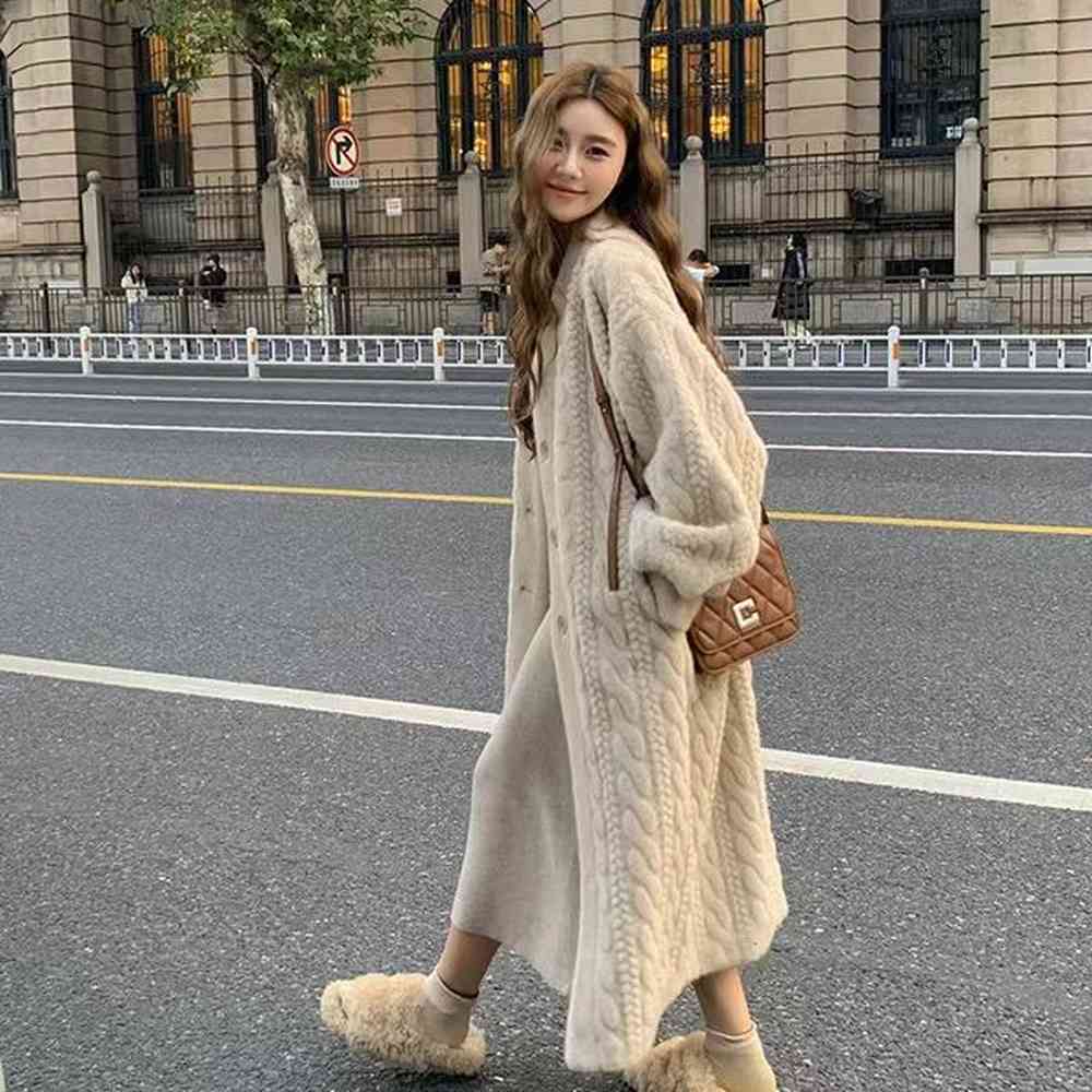 women fur cardigan thickened long autumn winter vneck jacket female