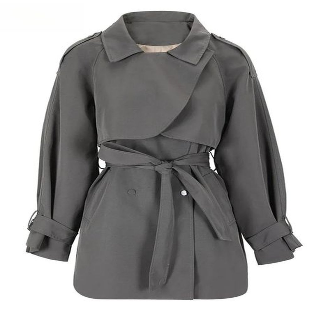 women gray belted big size trench new lapel long sleeve