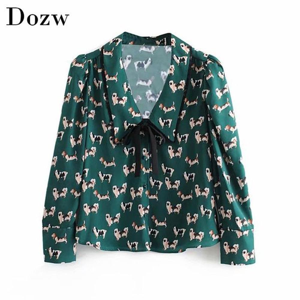 women green dog print blouse shirt puff sleeve elegant bow