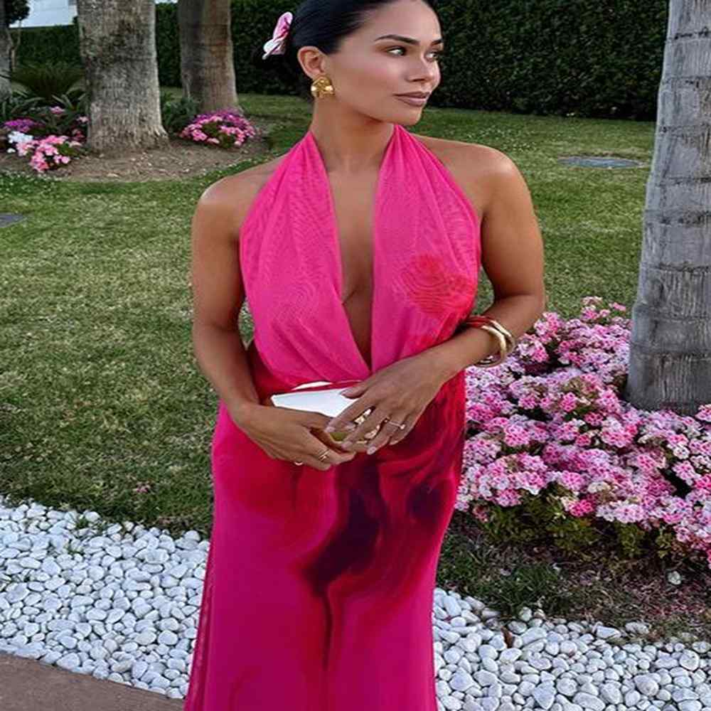women halter print elegant evening party dresses summer backless