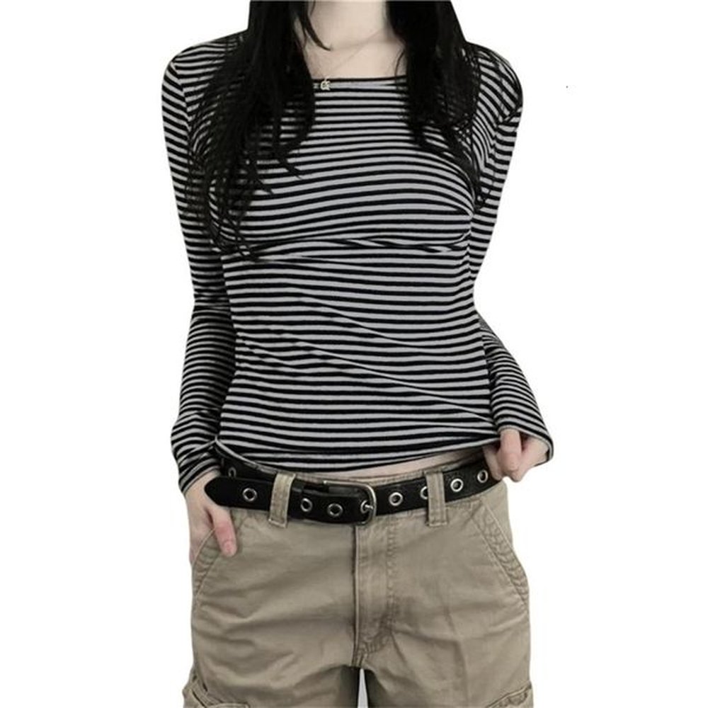 women harajuku striped long sleeve tshirts crew neck slim blouse