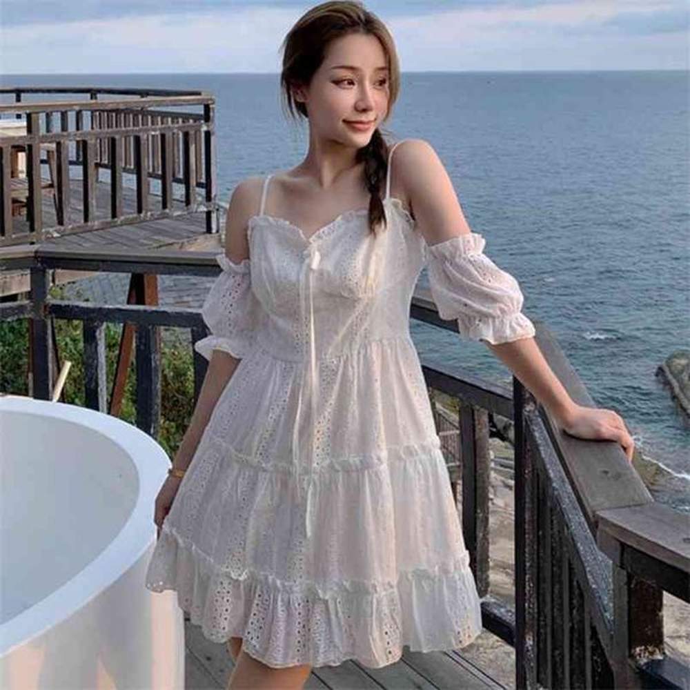 women hollow out embroidery cotton white mini dress sexy slash