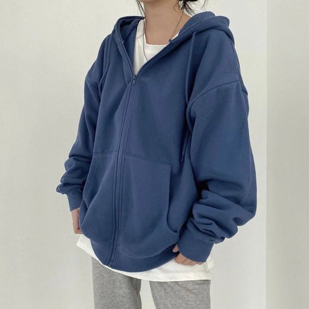 women hoodies solid color zip up pocket oversized harajuku korean