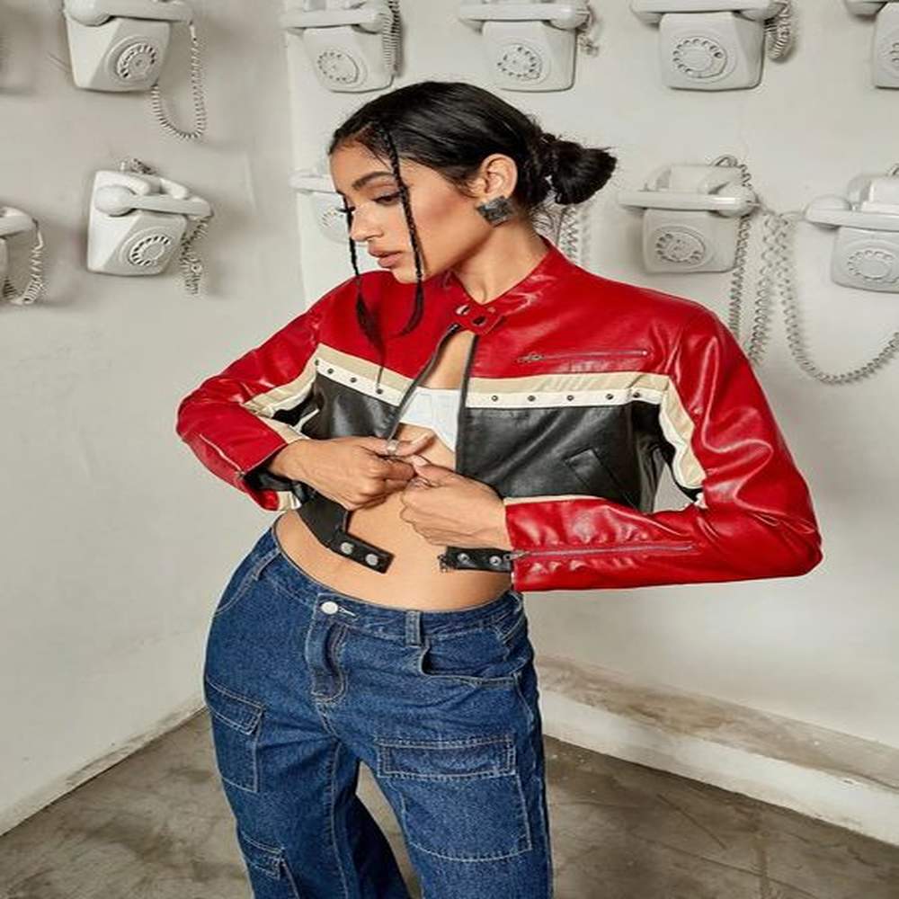 women jacket fashion punk bikercor colorblock zipper studded detail crop
