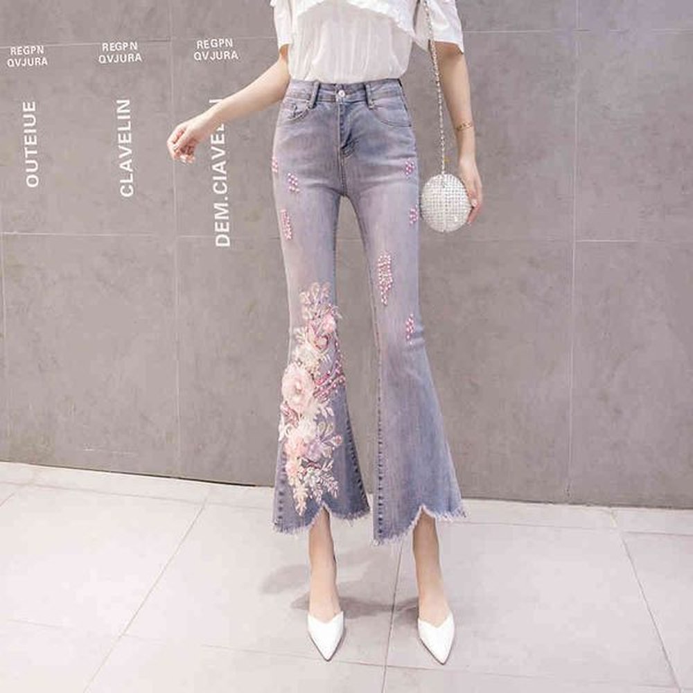 women jeans fashion europe style embroidery flower beading flare skinny