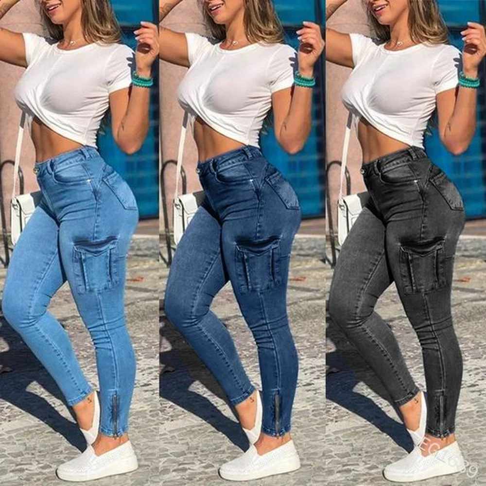 women jeans sheath pencil pants pockets cargo denim distressed high