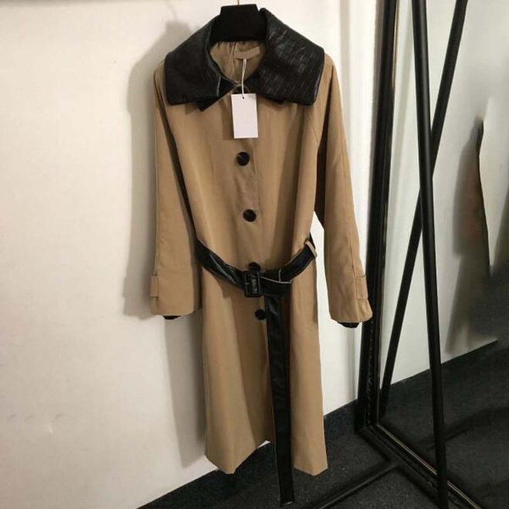 women khaki coats pu leather lapel long sleeve jacket trenchcoat