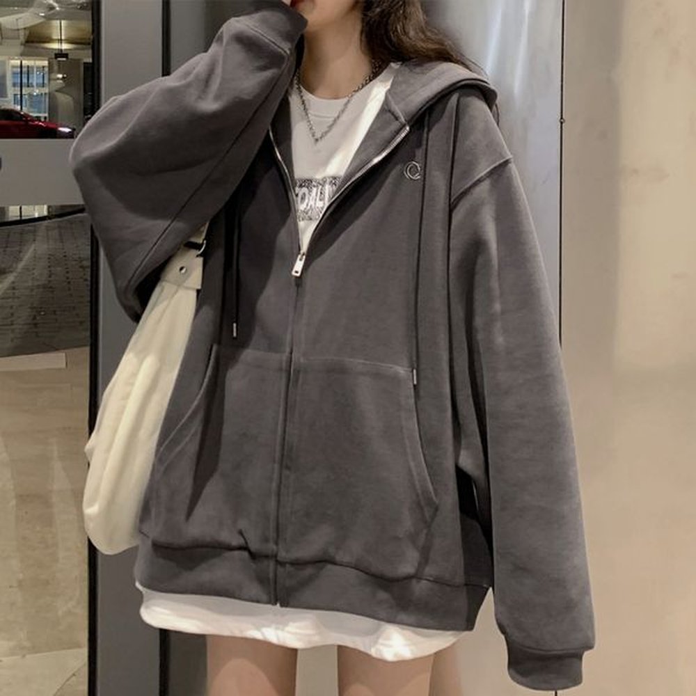 women korean style hoodie zipup harajuku oversized solid pocket hooded
