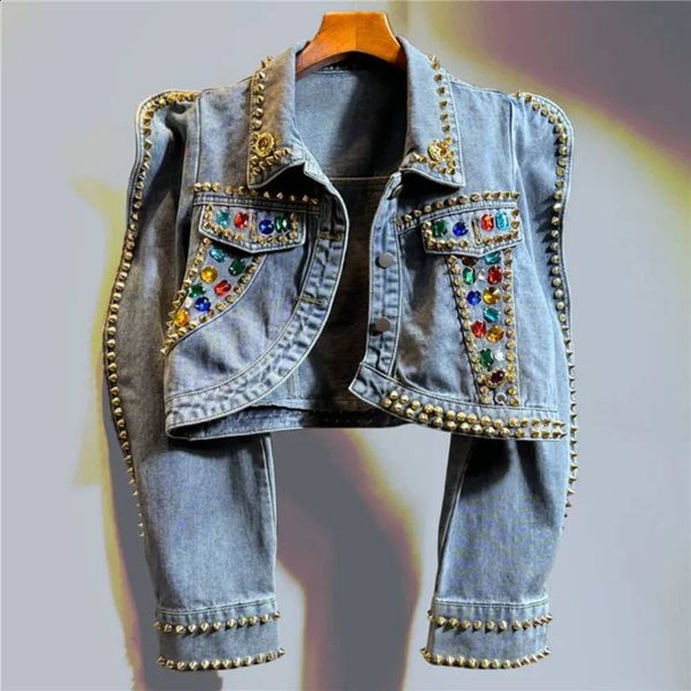 women light blue short denim jacket fashion bead rivet diamond
