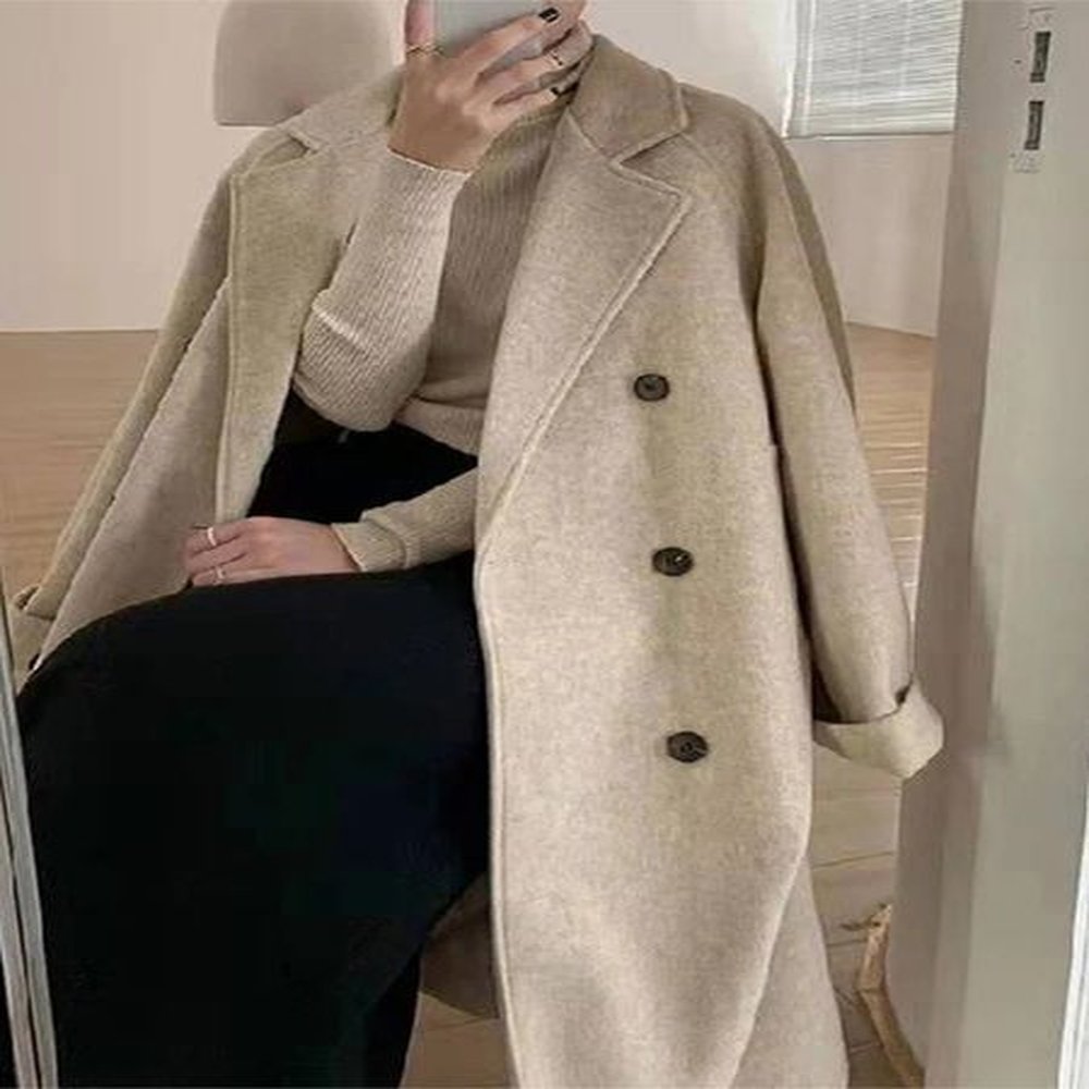 women loose thicken tweed overcoat autumn winter lace up simple