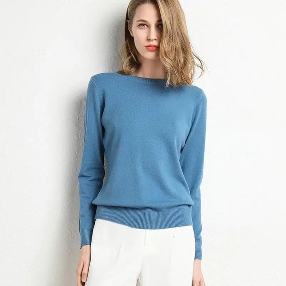 women merino wool sweater oneck pullover spring autumn long sleeve