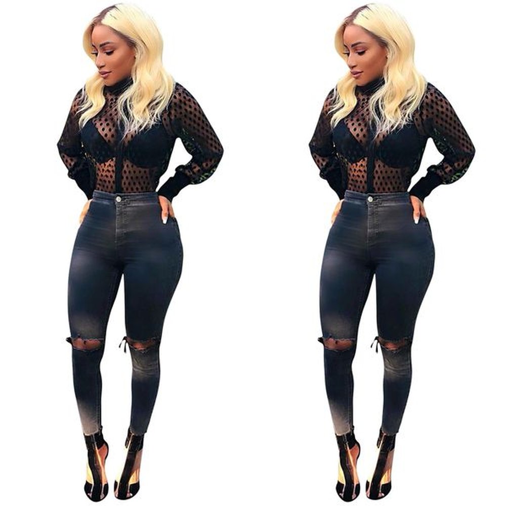 women mesh sheer blouse seethrough long sleeve top shirt blouse
