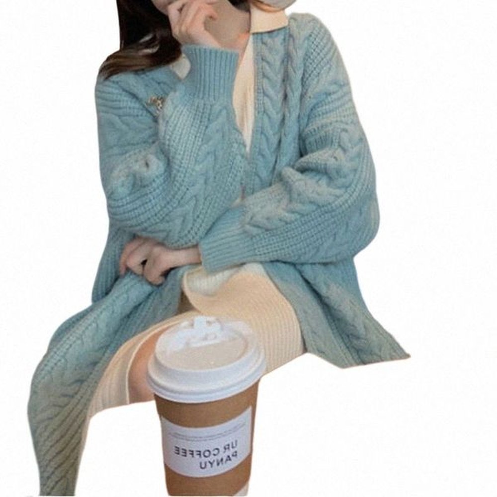 women midlength knitted cardigan coat solid rib outerwear warm sweater