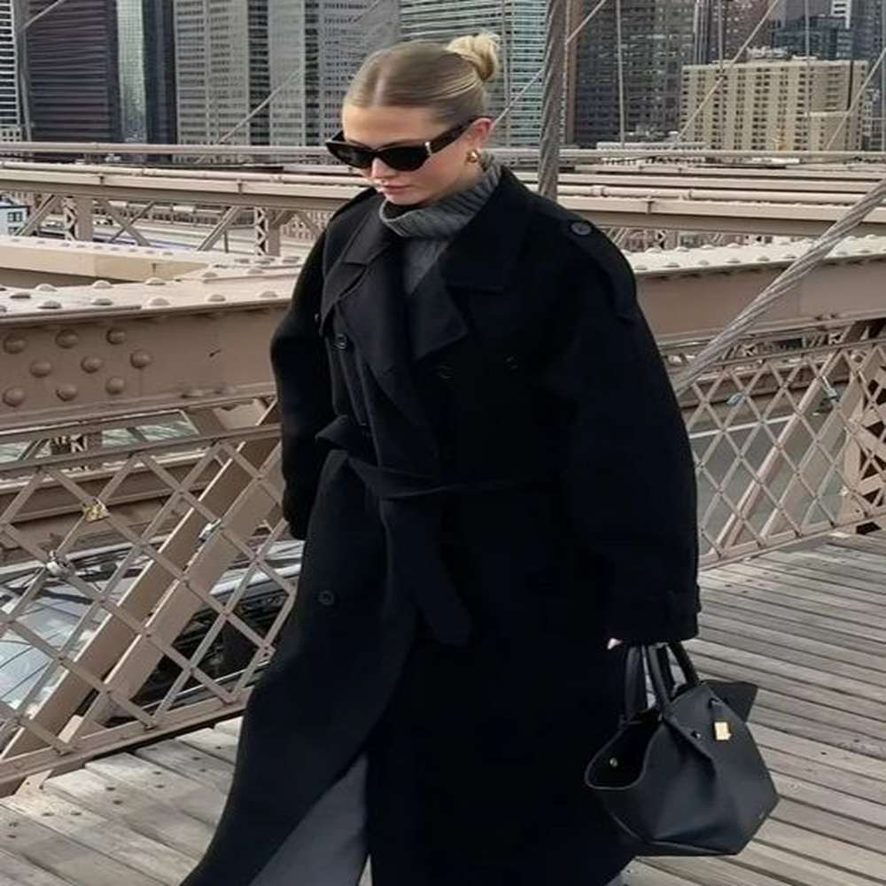 women oversize loose double button lapel overcoat fashion black woolen