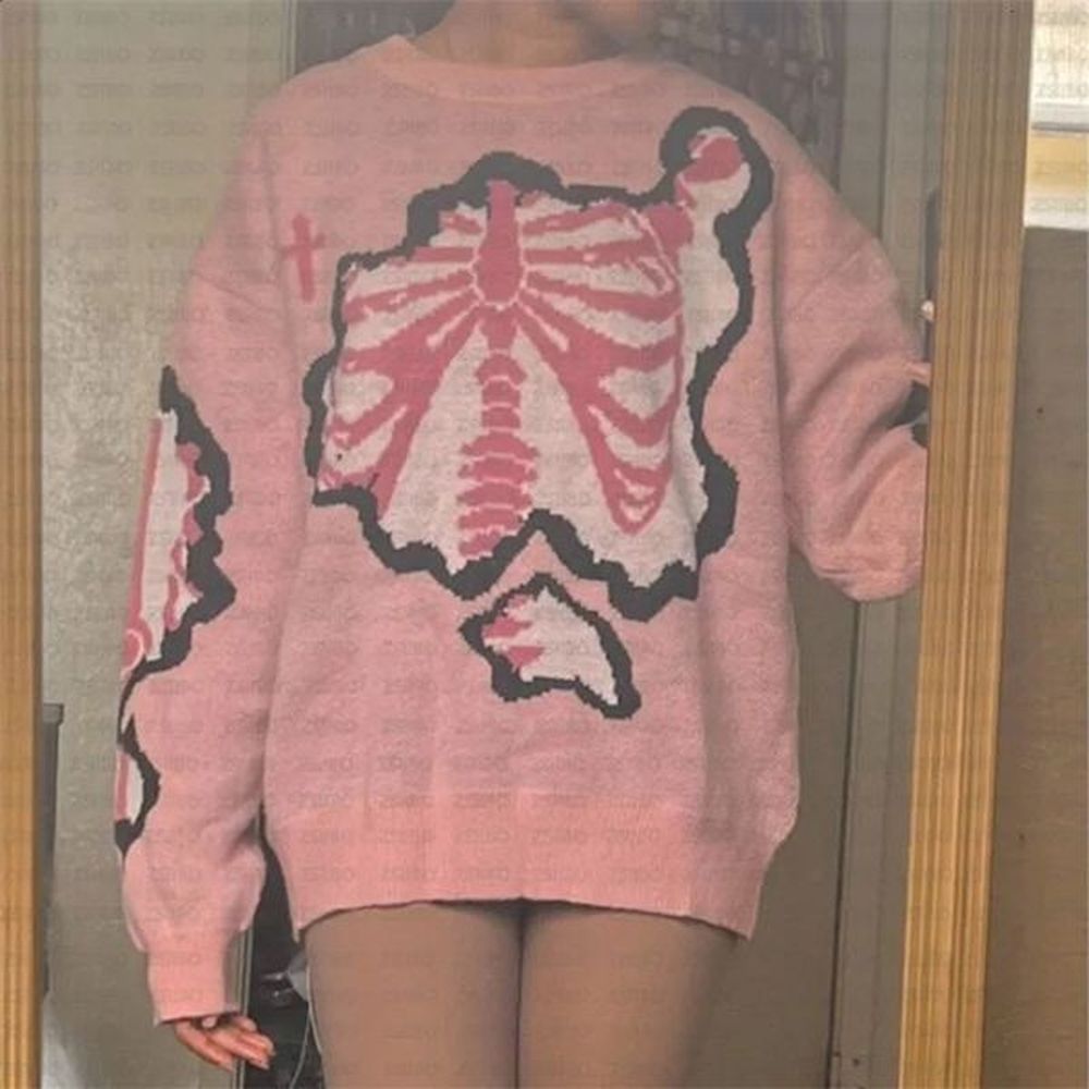 women oversized sweater black loose skeleton bone print women vintage