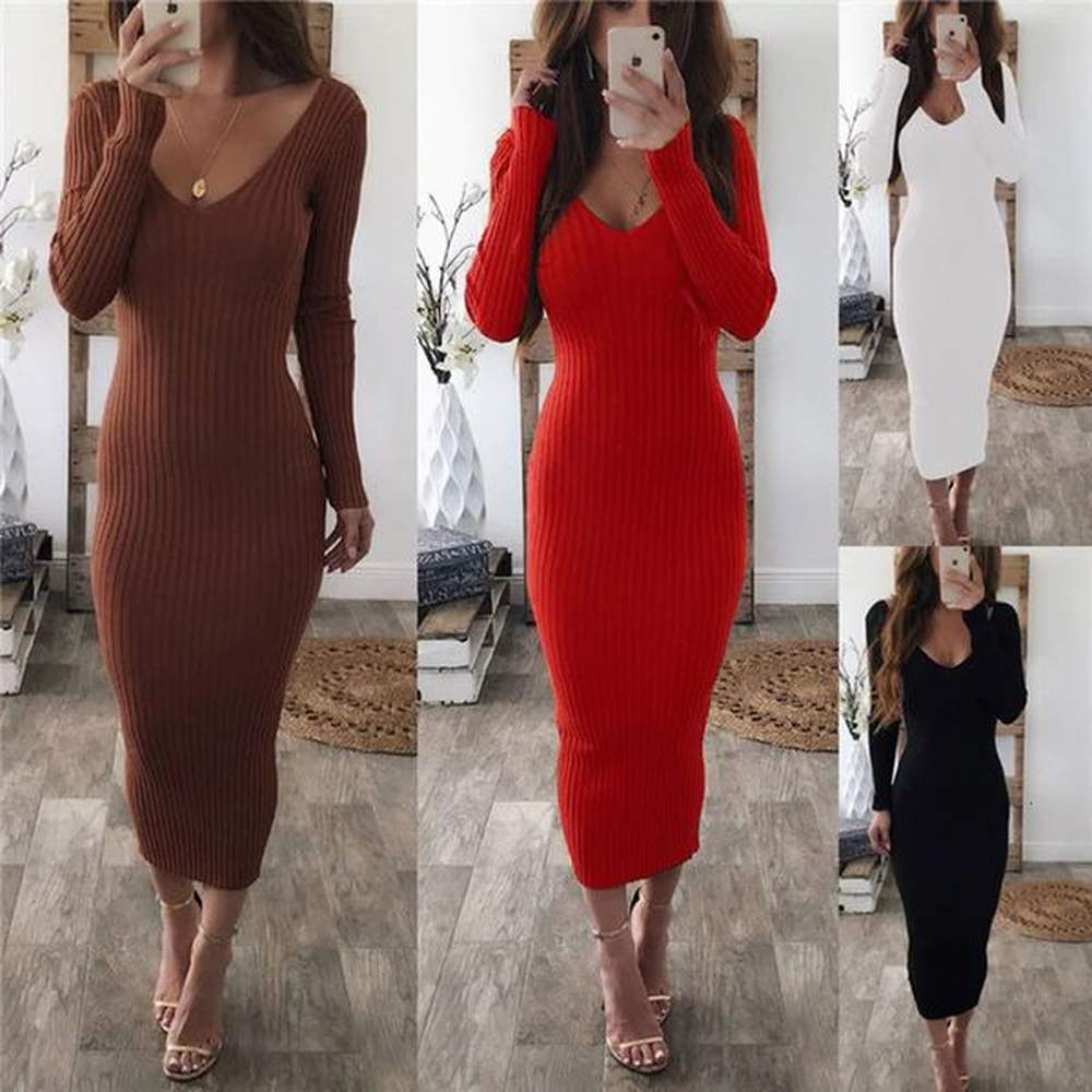 women package hip knitted winter dress sexy low chest deep