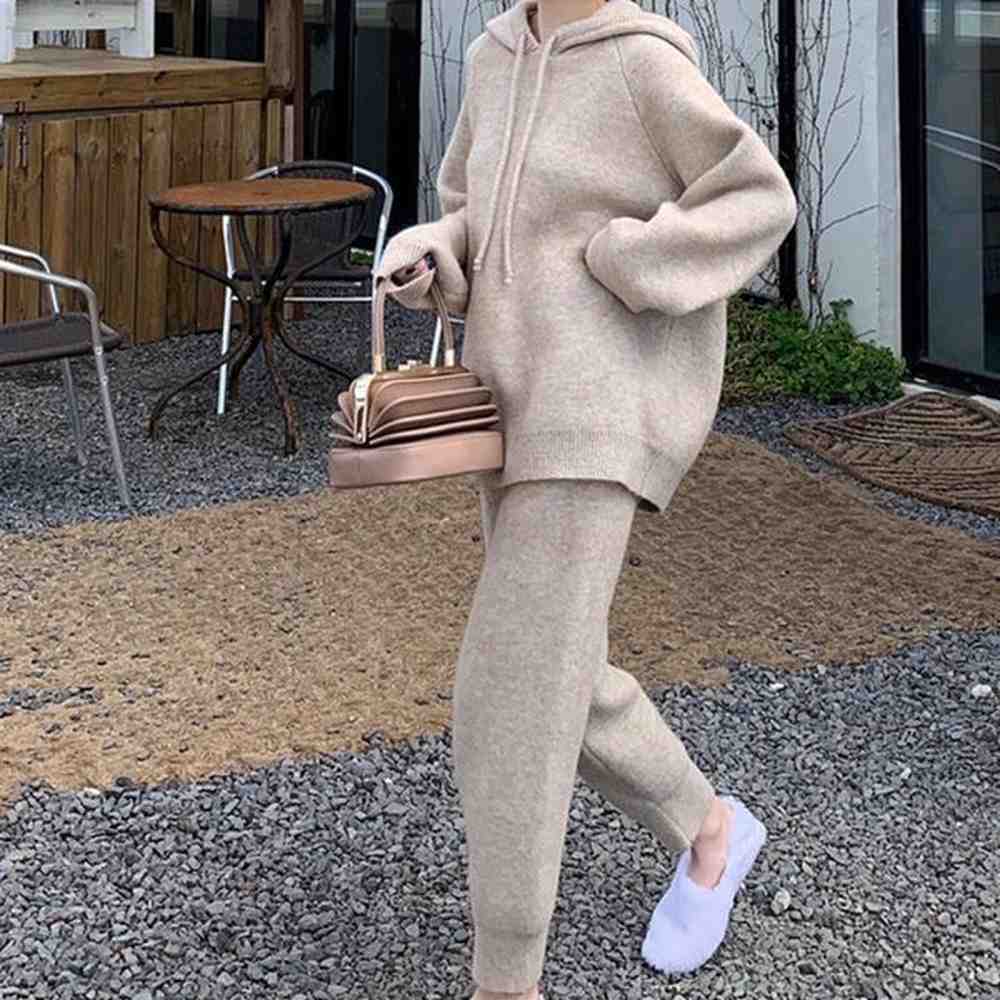 women pants set casual loose knitted sweater hooded drawstring full
