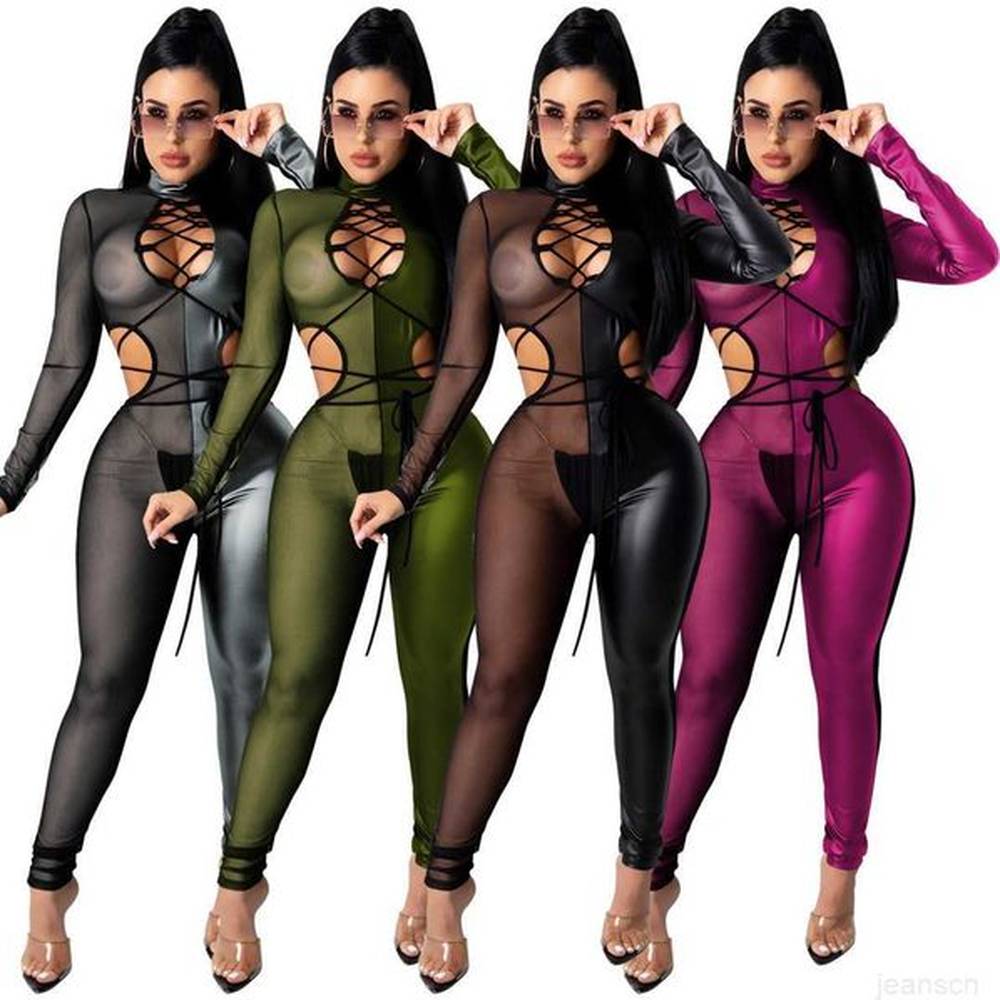 women patent pants leather splicing perspective mesh lace up tight