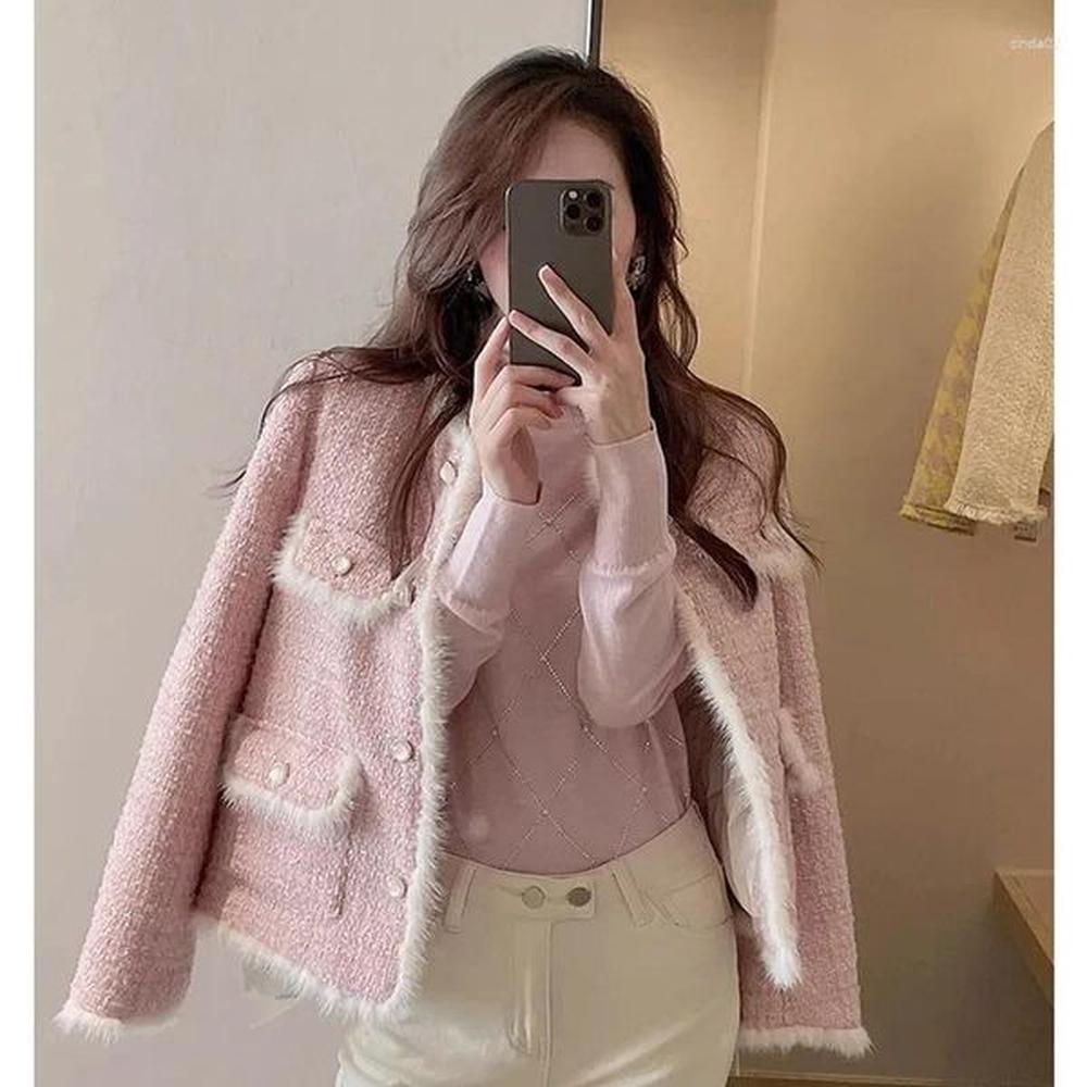 women plaid tweed elegant design round neck short coat vintage