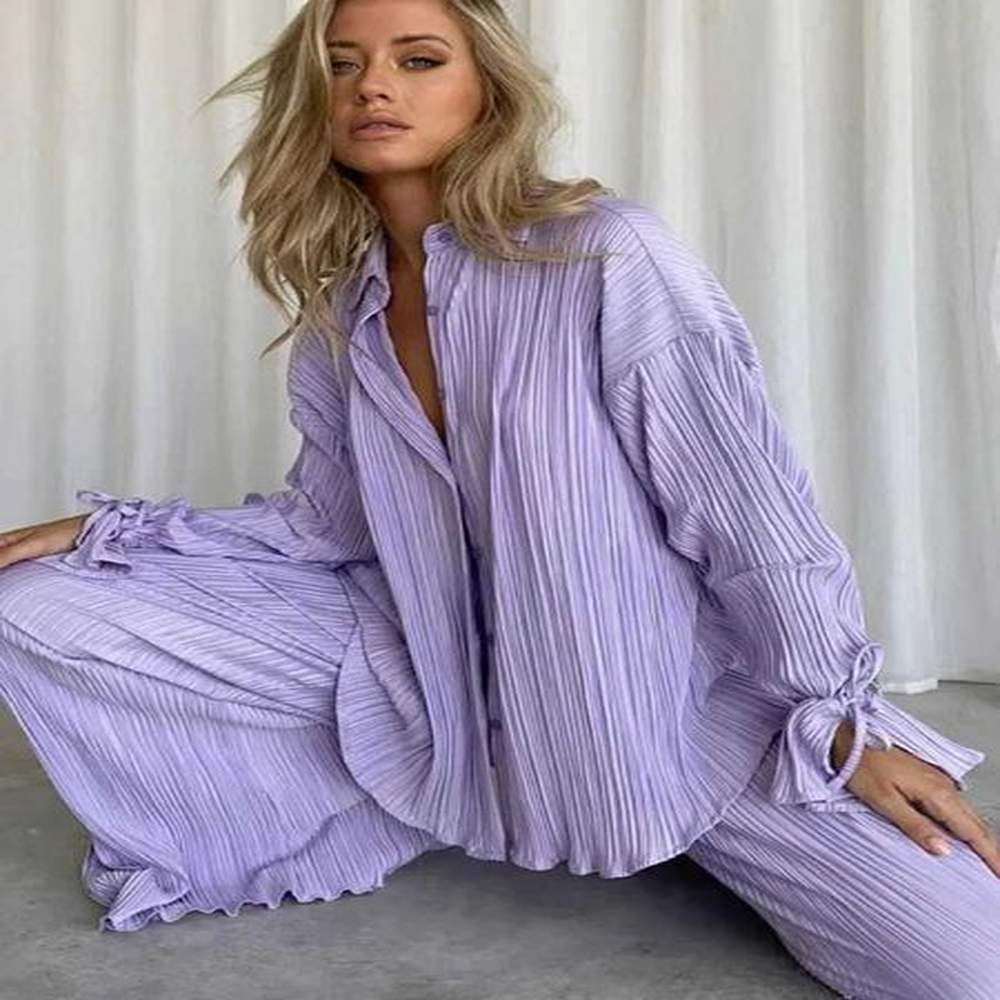women pleated piece sets long sve blouse tops