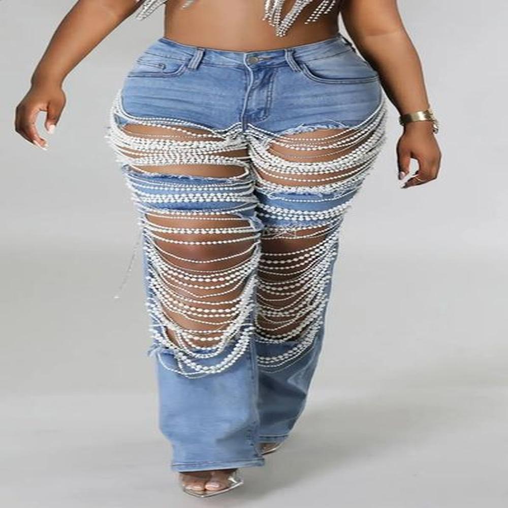 women plus size pearls jeans casual vintage cutout high waist