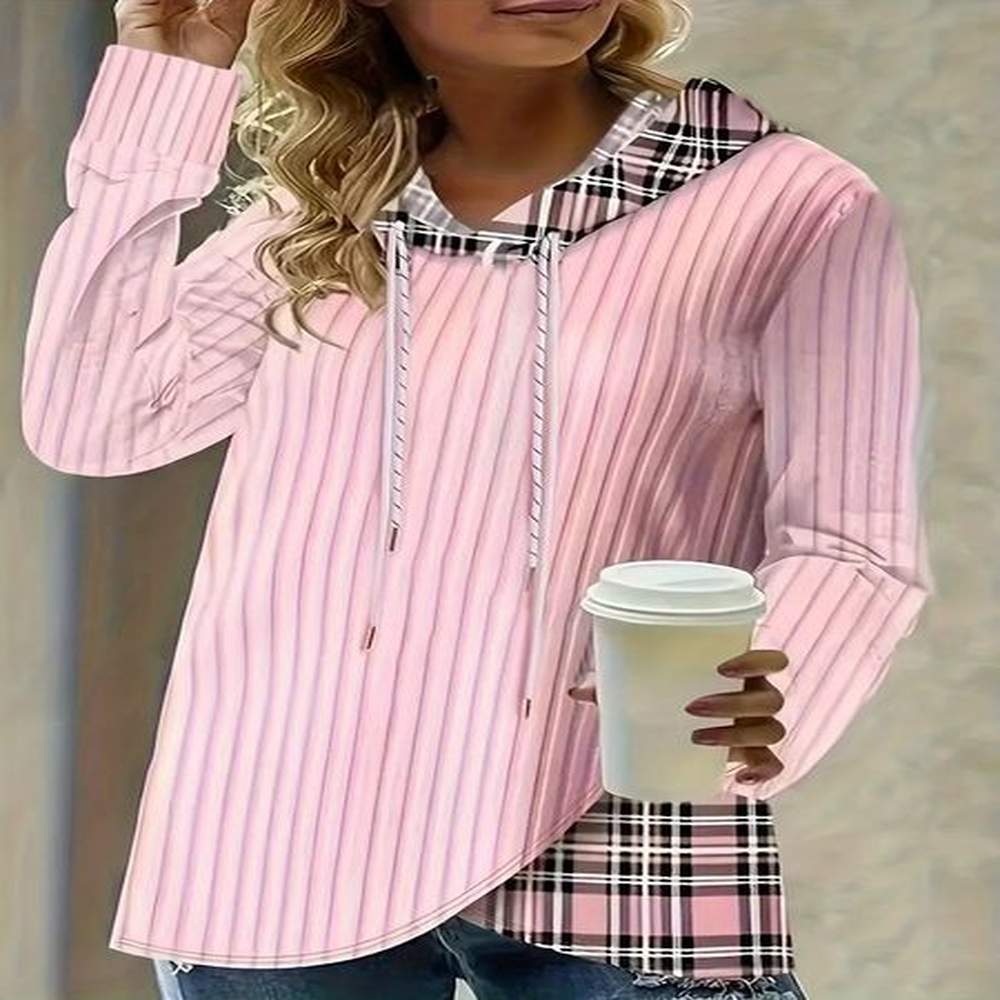 Women Plus Size 1Xl-5Xl Casual Sweatshirt Pullover Women's Colorblock Plaid Print Long Sleeve Drawstring Hoodie