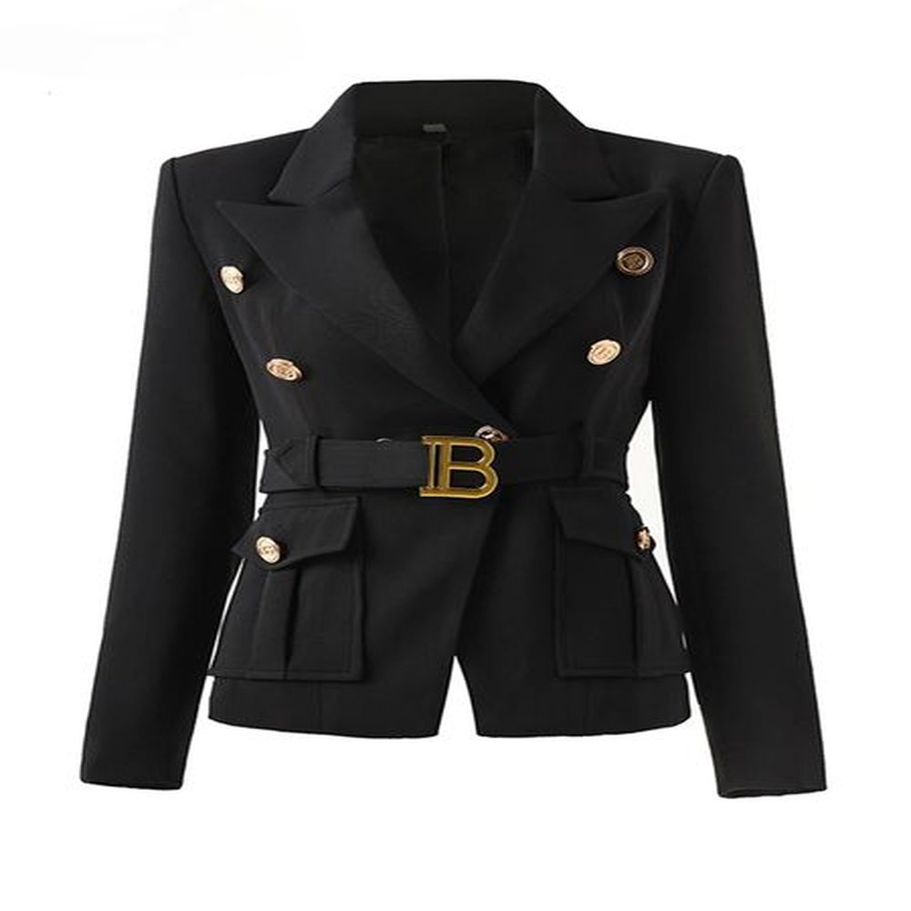 women pocket blazer with belt notched fashion top quality elegant