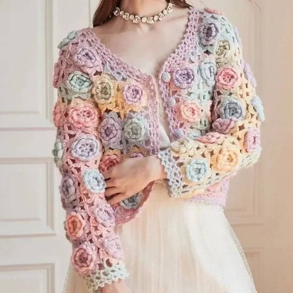 women rainbow d flowers sweater coat patchwork hit color floral