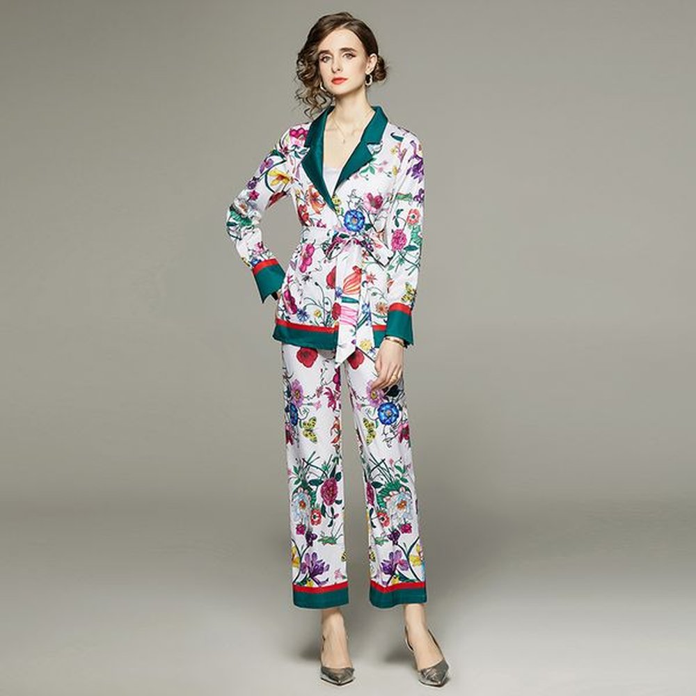 women retro floral designer pajamas sets long sleeve vneck lace