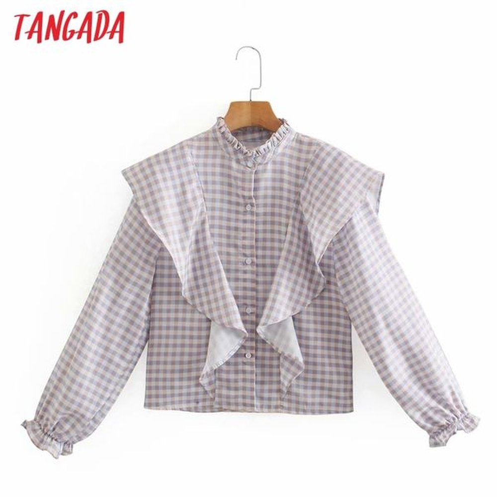 women retro plaid print ruffles crop long sleeve chic female