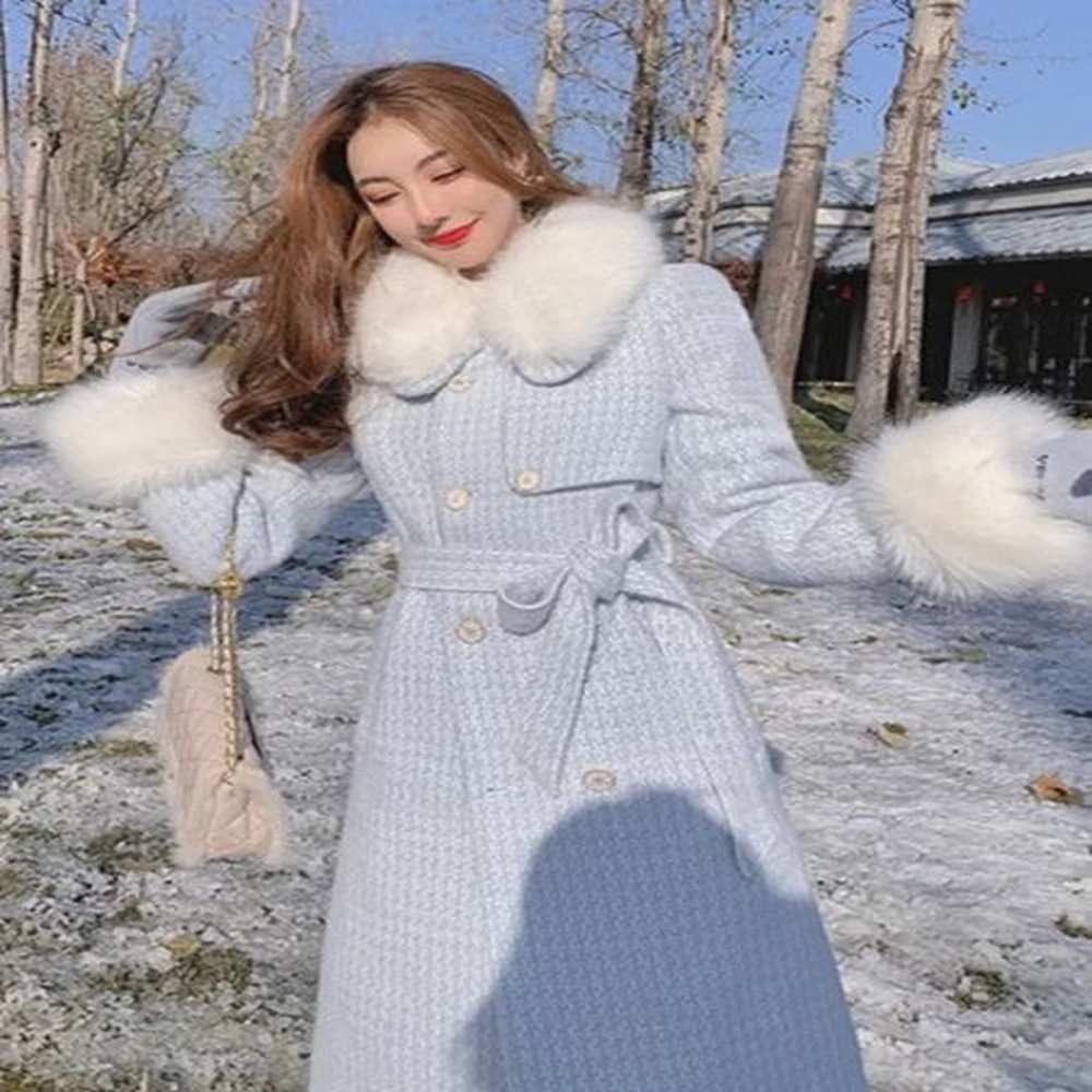 women s fur faux blue plaid collar elegant woolen coat
