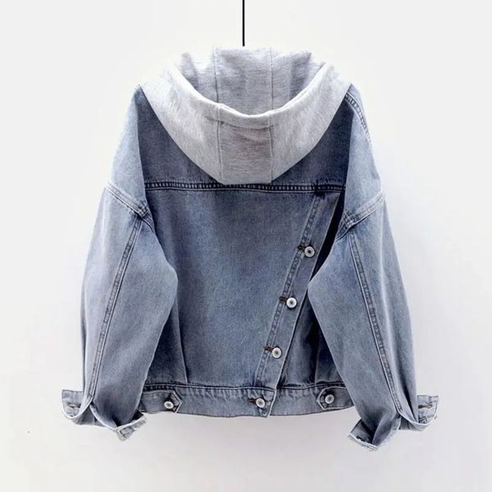 women s jackets blue deconstructable hooded turn down collar denim