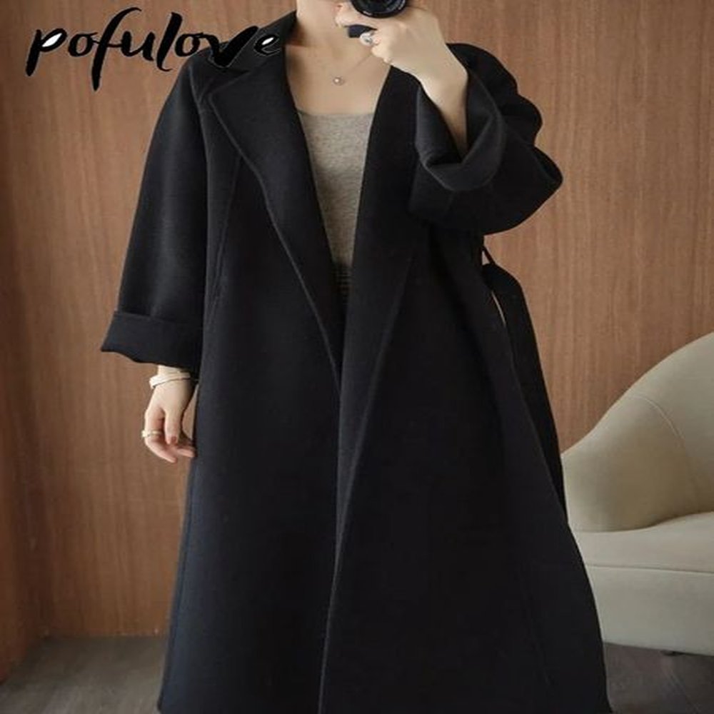 women s jackets lapel loose woolen coat lace up fashionable