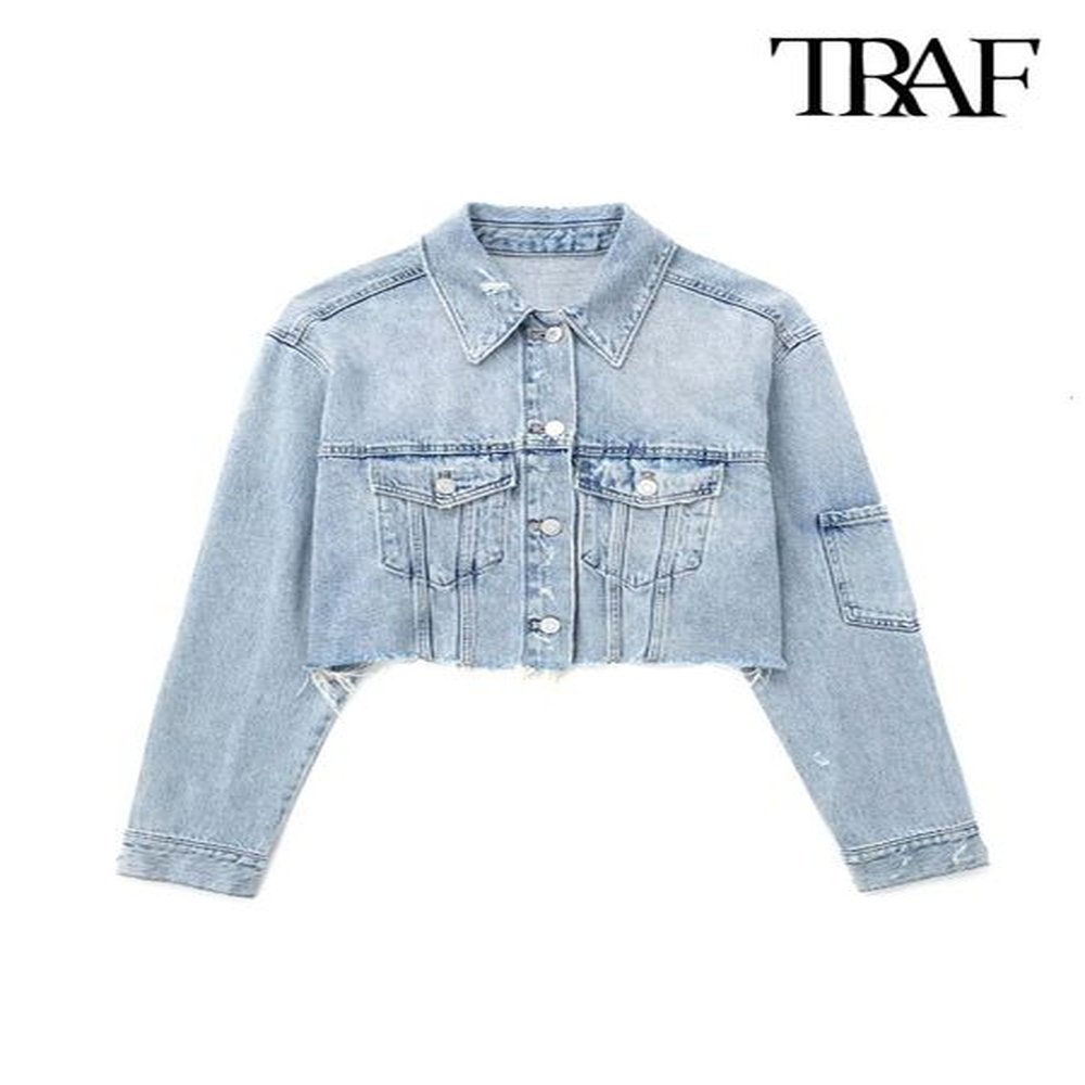 women s jackets traf women fashion patch pockets ripped denim